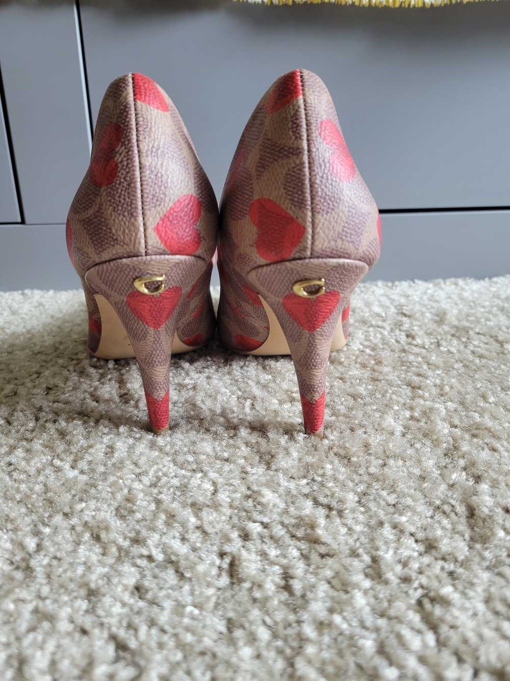 Coach Brown Signature Canvas Pointed-Toe Pumps with Red Hearts - Picture 3 of 4